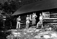 Hikers in front of the Taft Lodge on Mount Mansfield
