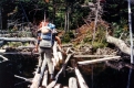 Hikers crossing a log bridge