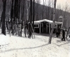 Skis parked in front of Dutch Boot Cafeteria at Dutch Hill Ski Company