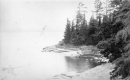 Forested, rocky shoreline