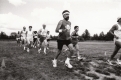 A group of fifteen runners run across a field