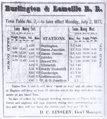 1877 Burlington & Lamoille Railroad Time Card